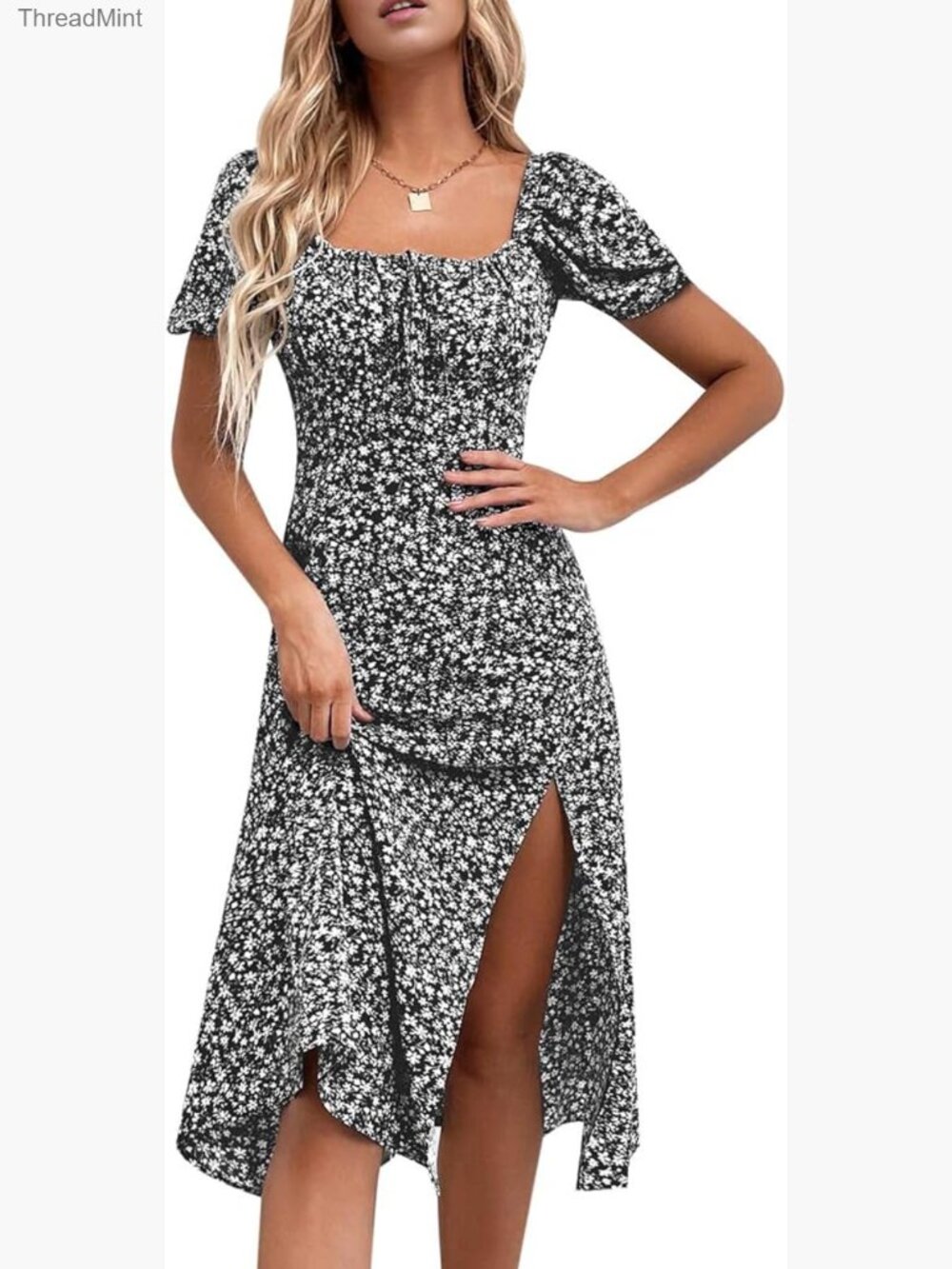 Women's Floral Midi Dress Square Neck Puff Sleeve Ruched Bust High Waist Split